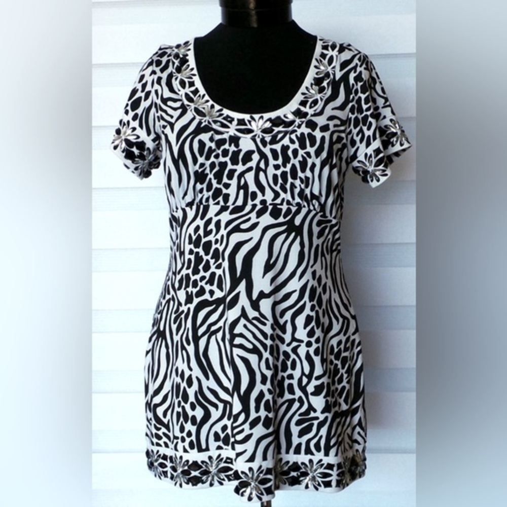 Jeweled Scoop Neck Black & White Animal Print Dress